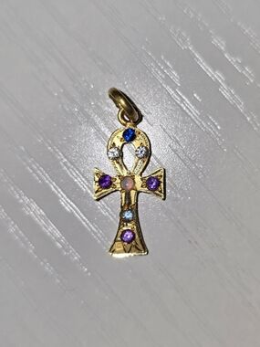 Vintage 14k Yellow Gold Multi-Gemstone Ankh Pendant - Unworn c. 2001